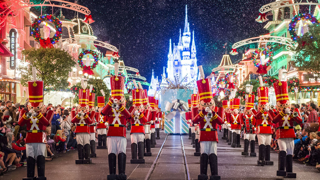 Toy soldiers parade down Main Street, U.S.A., at Magic Kingdom during "Mickey's Once Upon a Christmastime Parade." The festive processional is one of the happy highlights of Mickey's Very Merry Christmas Party, a night of holiday splendor with lively stage shows, a unique holiday parade, Holiday Wishes: Celebrate the Spirit of the Season nighttime fireworks, and snow flurries on Main Street, U.S.A. The special-ticket event takes place on select nights in November and December in Magic Kingdom at Walt Disney World Resort in Lake Buena Vista, Fla. (Ryan Wendler, photographer)