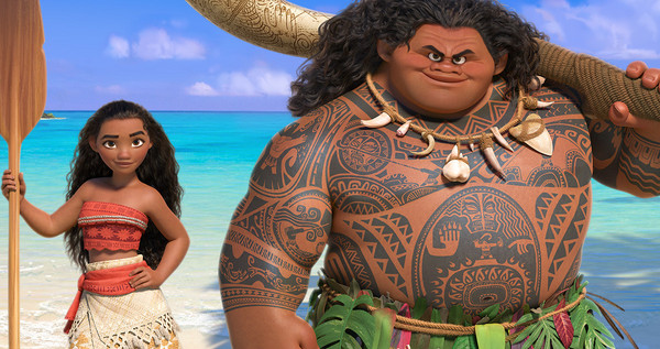 In "Moana," Walt Disney Animation Studios' upcoming big-screen adventure, a spirited teenager named Moana (left) sails out on a daring mission to prove herself a master wayfinder. Along the way, she meets once-mighty demi-god Maui (right). Featuring Native Hawaiian newcomer Auli'i Cravalho as the voice of Moana, and Dwayne Johnson as the voice of Maui, "Moana" sails into U.S. theaters on Nov. 23, 2016. ©2015 Disney. All Rights Reserved.