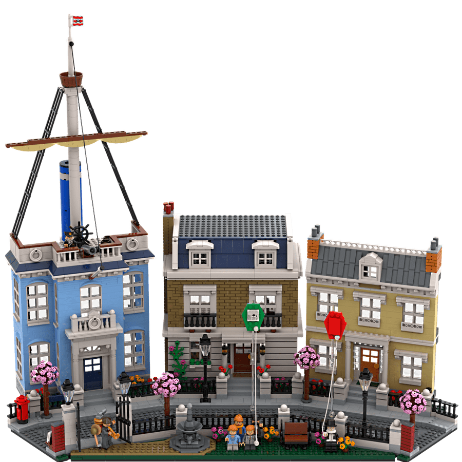 A British street with a ship's mast on one house's roof.