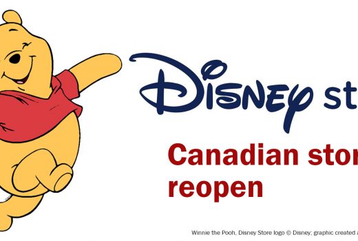 A yellow teddy bear with a red shirt jumps, the words "Disney Store Canadian locations reopen".
