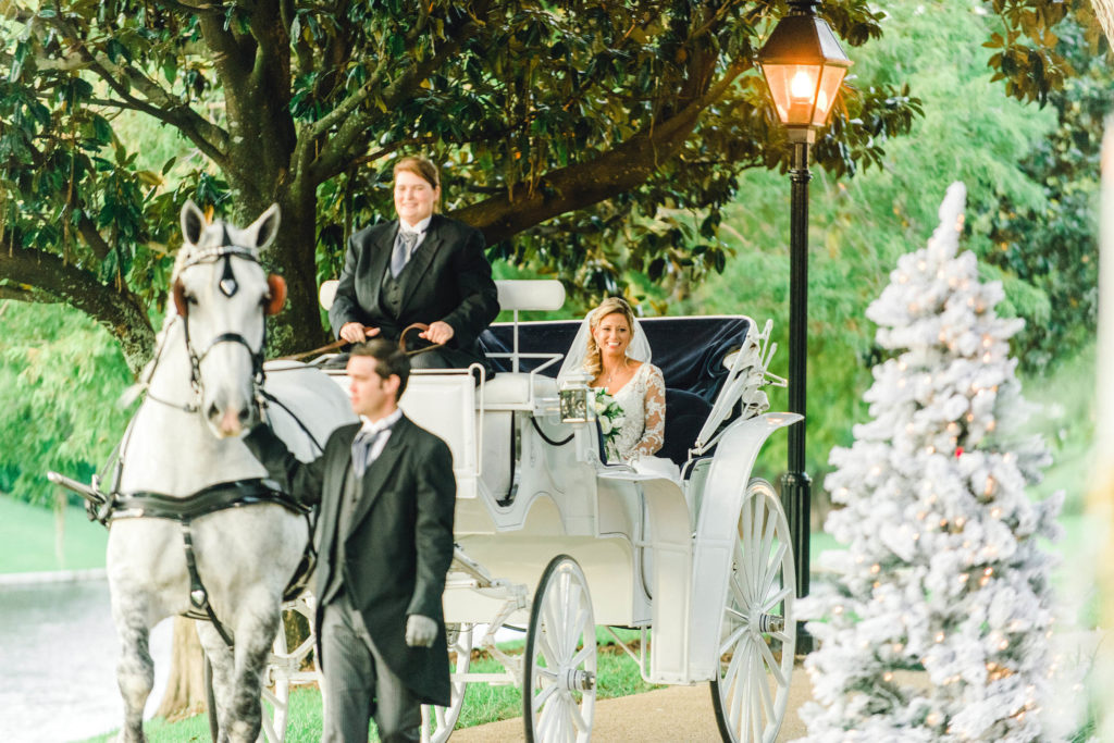 A horse-drawn carriage with a bride riding in it.