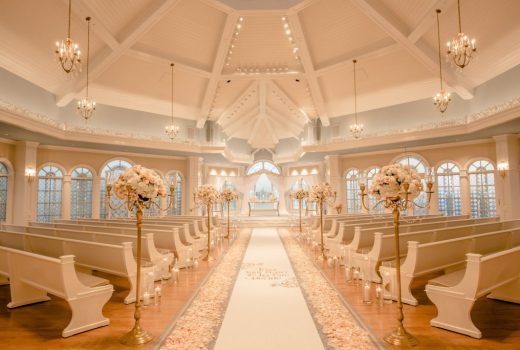 Interior of a wedding facility, with benches