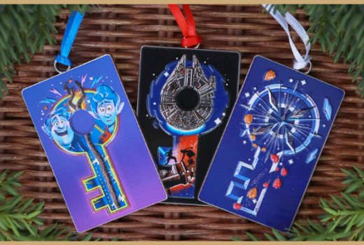 Three card-like ornaments with pictures of Onward, the Millennium Falcon from Star Wars, and something Doctor Who-like.