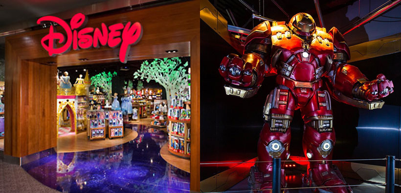 The storefront of The Disney Store, and a statue from Marvel Avengers STATION