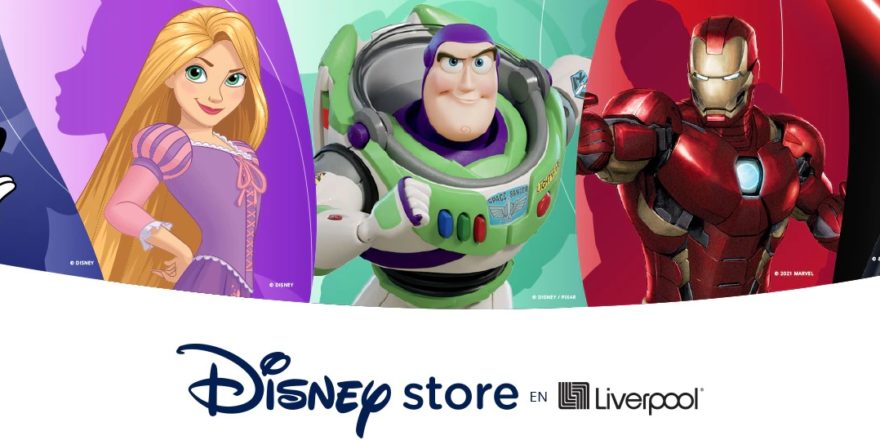 Five characters appear above a logo for Disney Store en Liverpool