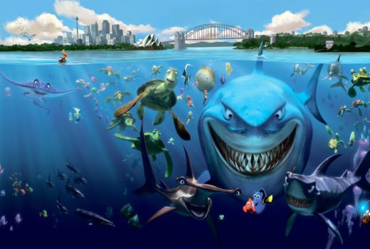 A shark, fish, turtles, and other marine animals are shown as cartoons, under the water near Sydney, Australia.