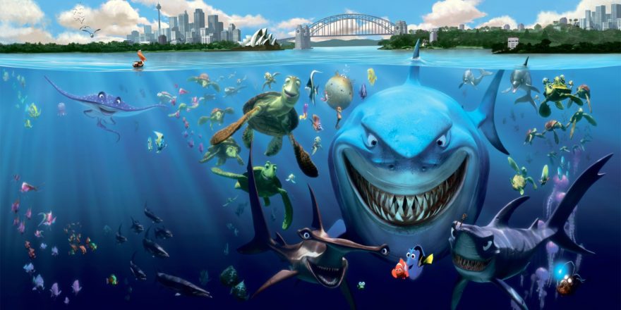 A shark, fish, turtles, and other marine animals are shown as cartoons, under the water near Sydney, Australia.