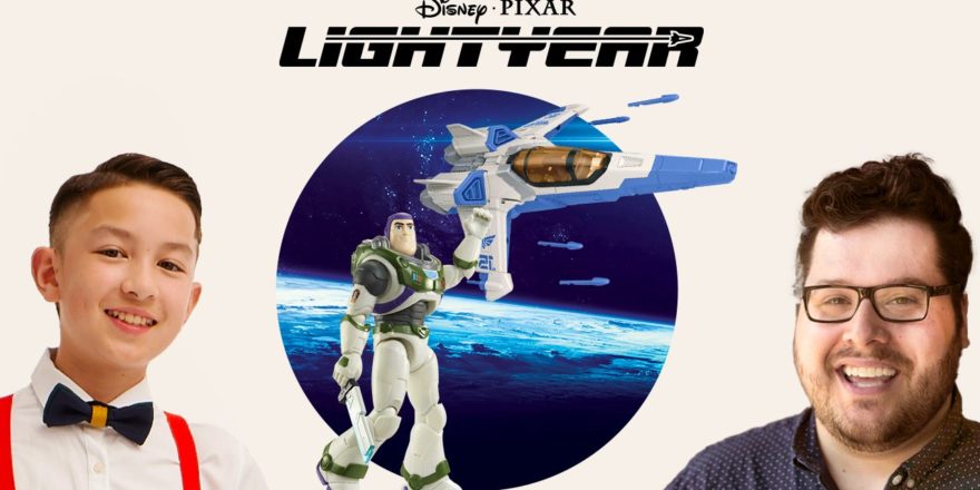 A boy in a bow tie, a man with glasses, and a circle with Buzz Lightyear and a spaceship flying behind him.