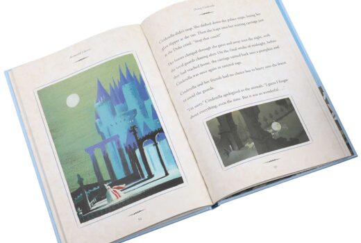 An open book, showing Cinderella running away from the castle, and a carriage speeding away in the second image. It also shows large print text.