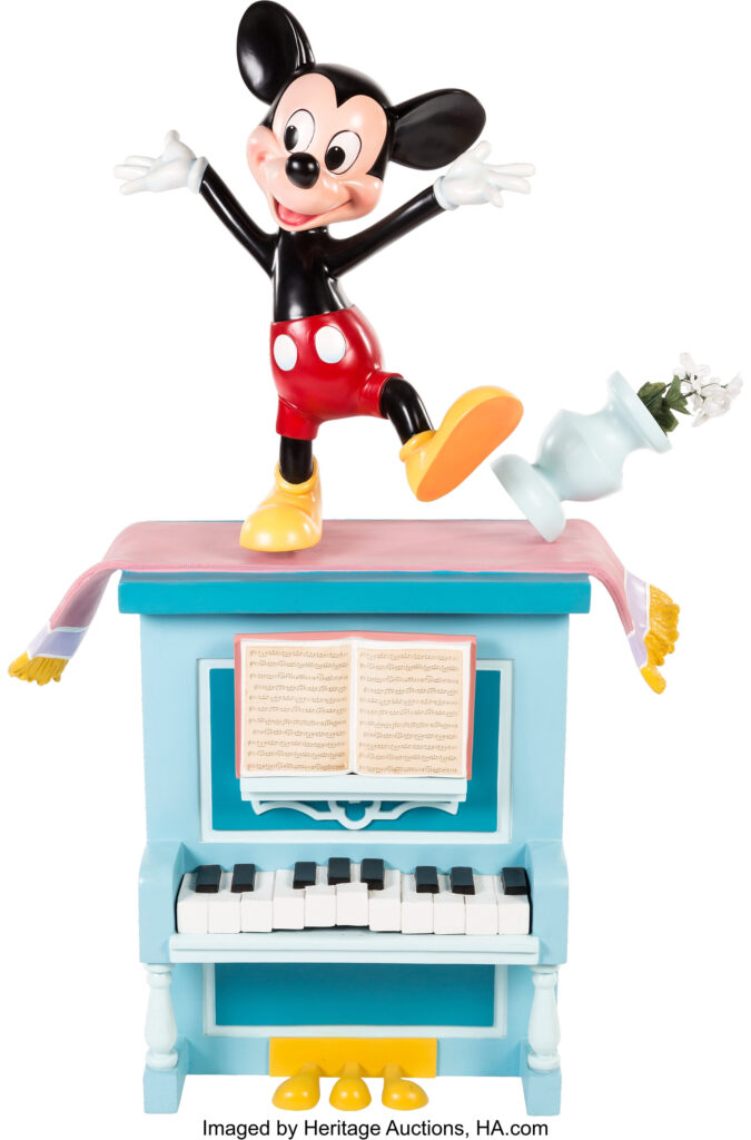 Mickey stands on a piano, accidentally kicking a flower pot off the top.