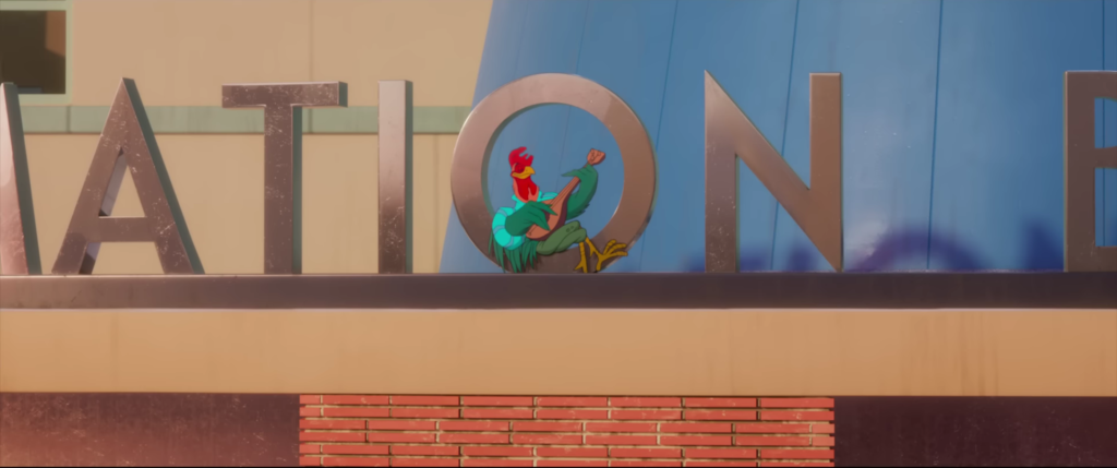 A cartoon rooster plays a lute, in the "O" of a sign saying "animation."