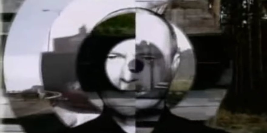 A man looks to the camera, with a series of circles overlapping, with invertion of colour.