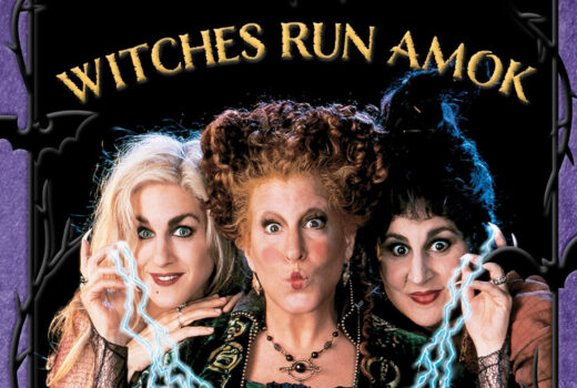 Three women dresses as witches. Curved text reads Witches Run Amok.