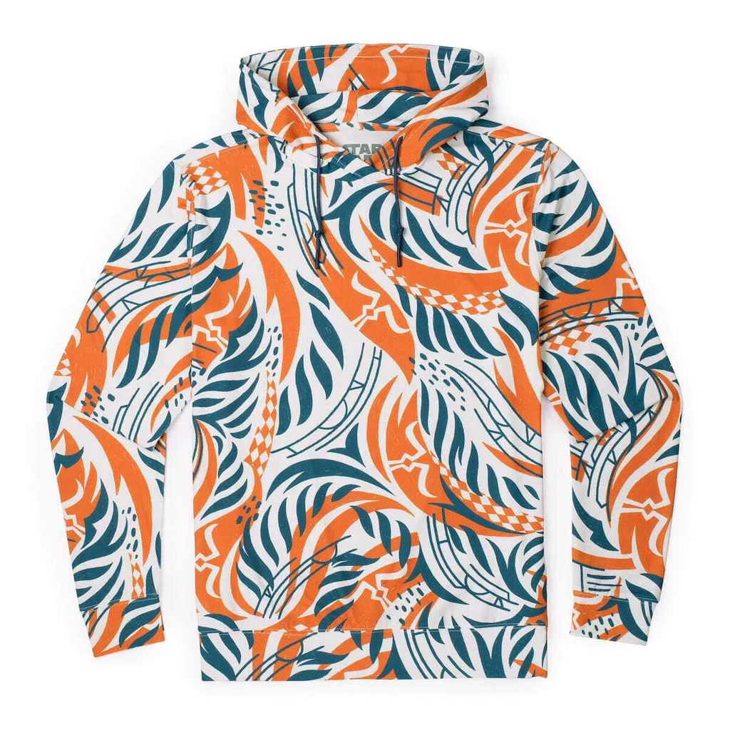 A hoodie featuring orange and blue stripes.