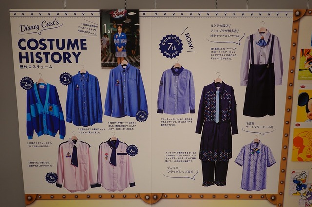 A display panel showing multiple uniforms for the Disney Store.