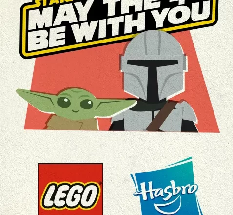 Images of Grogu and the Mandalorian. Text reads "Star Wars Day, May the 4th Be With You." Logos of LEGO and Hasbro.