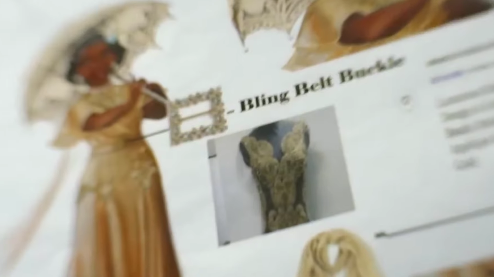 A blurred, brief glimpse in a video of a page filled with images related to an animatronic and its dress.