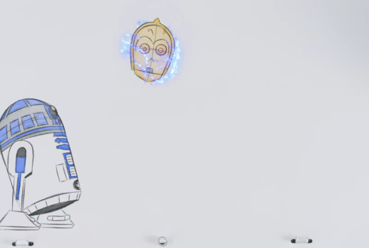 A drawing of a short robot, R2-D2, and a robot head, C3P0, being electrically charged.