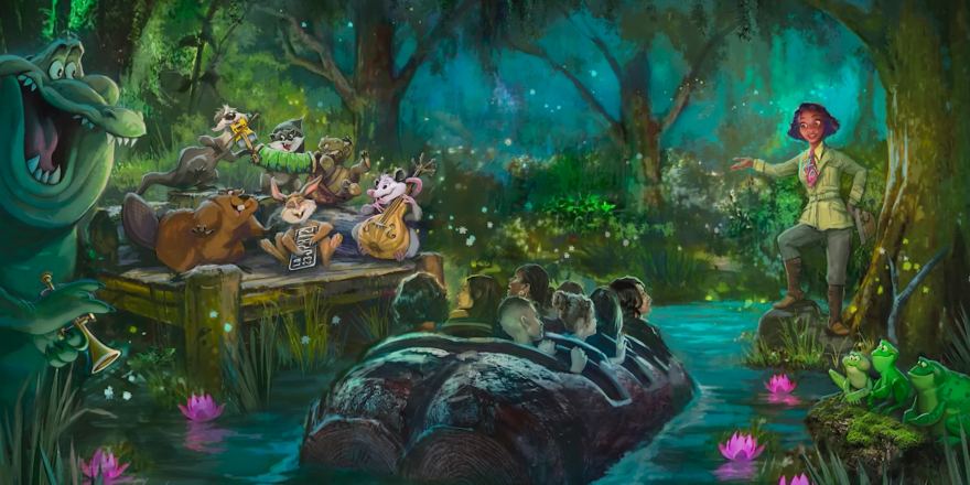 A boat goes along a river with animatronics of a woman and animal on either side.