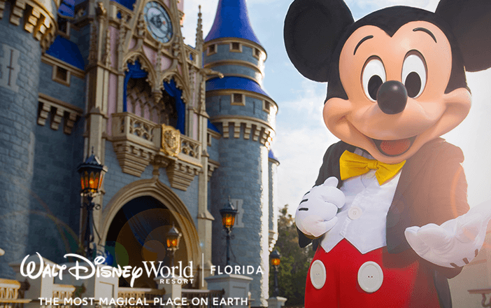 Mickey Mouse is in front of the castle at Magic Kingdom. He reaches his hand out to the viewer. Text reads: "Walt Disney World Resort Florida, The Most Magical Place on Earth."
