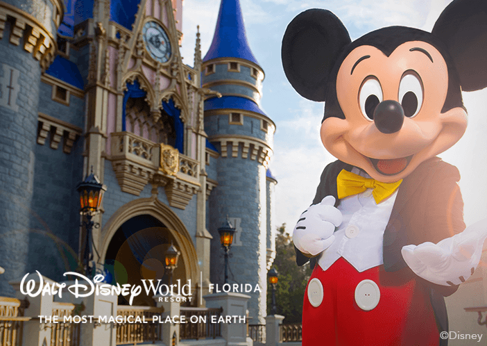Mickey Mouse is in front of the castle at Magic Kingdom. He reaches his hand out to the viewer. Text reads: "Walt Disney World Resort Florida, The Most Magical Place on Earth."