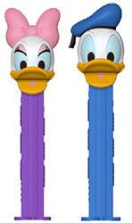 Two candy dispensers sticks, with purple and blue pillars. Daisy Duck and Donald Duck's heads are on top.