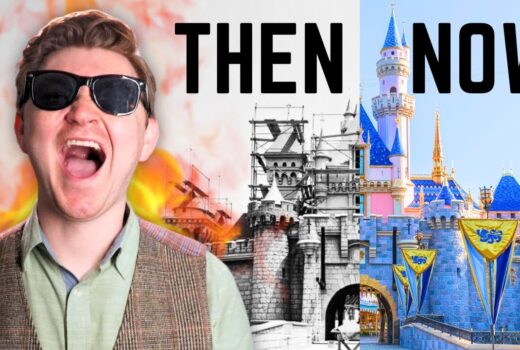 The words "then" and "now", above an image of the Disneyland castle. A man with glasses sings exuberantly.