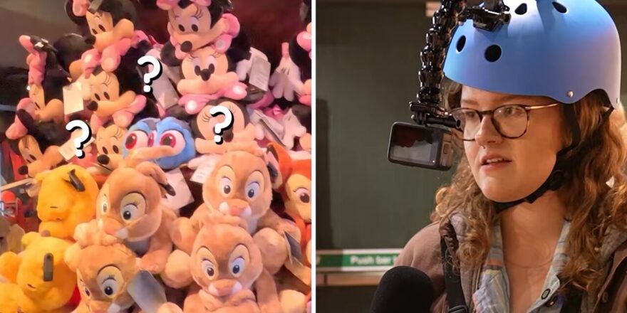 The left half has a plush pile with a Dory, surrounded by question marks. The right has a young woman with a helmet camera.