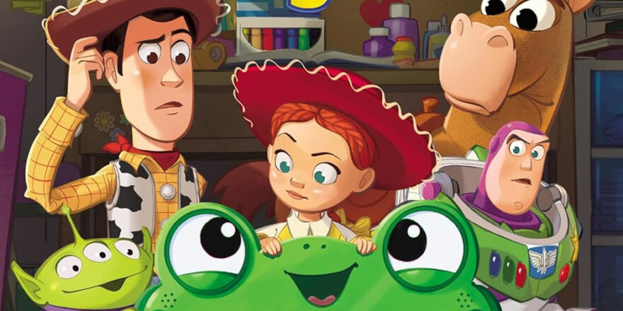 Crop of the cover showing Woody, Jessie, Buzz, Bullseye, an alien, and Lilypad.