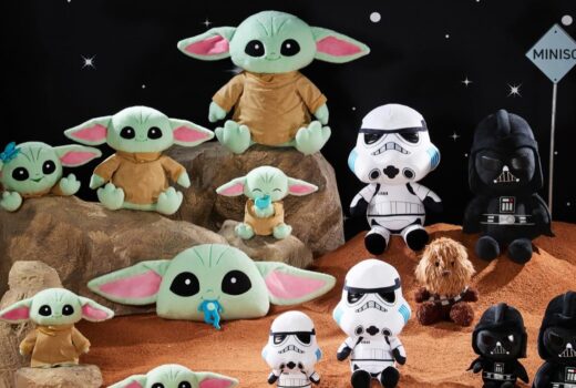 Stuffed toys of Grogu, Stormtroopers, Chewbacca, and Darth Vader.