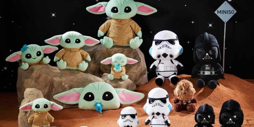 Stuffed toys of Grogu, Stormtroopers, Chewbacca, and Darth Vader.