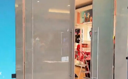 A glimpse of a store, seen between two doors.