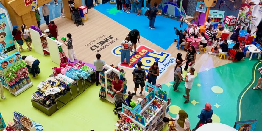 Second floor view of a pop-up shop and display.