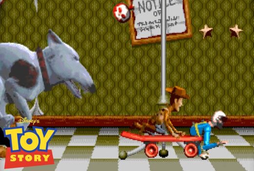 Sid's dog chases Woody, who's escaping on another toy's back.