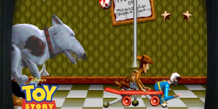 Sid's dog chases Woody, who's escaping on another toy's back.