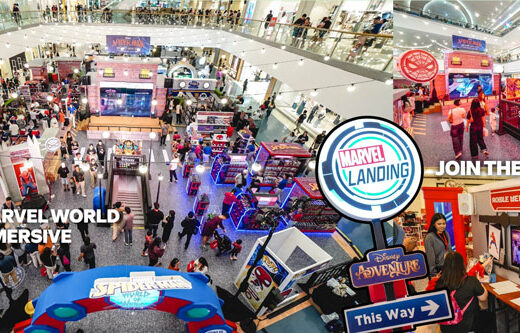 Panoramic photo of a mall experience, in bright red and blue. Close up scenes to the side.
