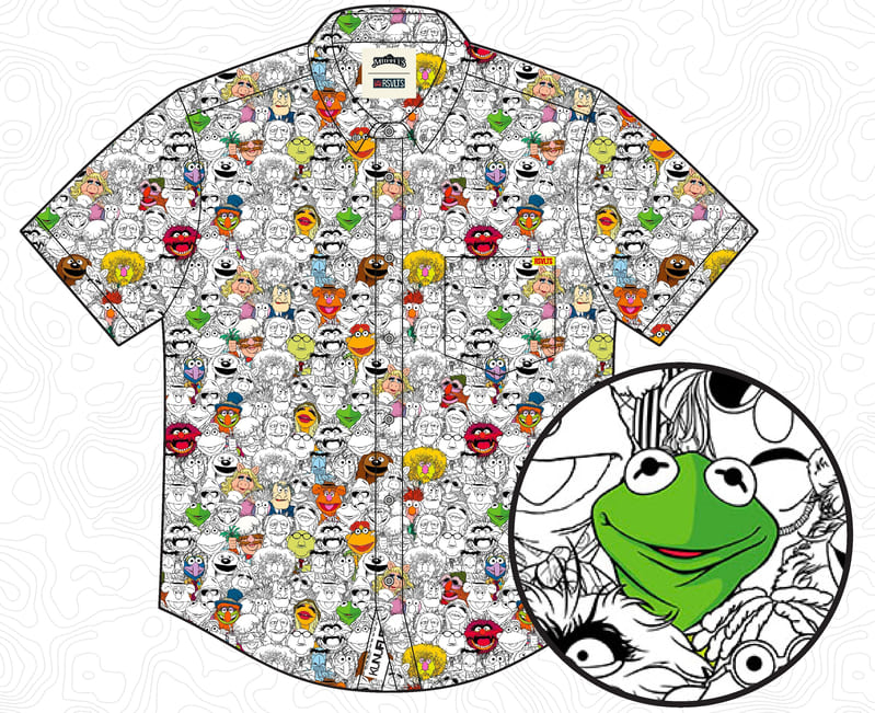 A collared shirt with cartoon faces as a pattern. Muppet characters appear. In a circle, Kermit the Frog is enlarged.