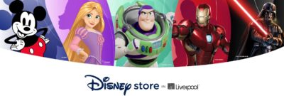 Five characters appear above a logo for Disney Store en Liverpool