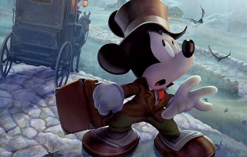Mickey Mouse looking scared, wearing a suit and top hat.