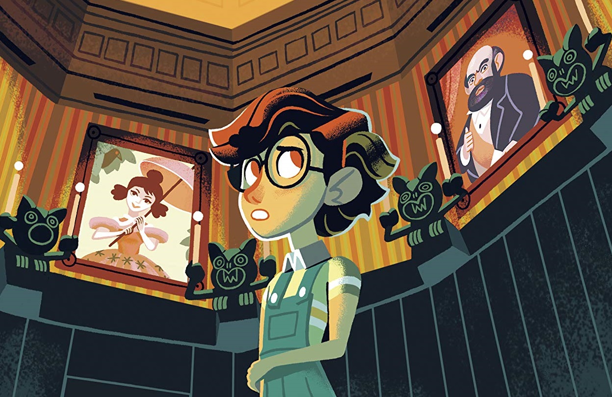 A boy looks around, scared, in a room that's stretching to become taller.