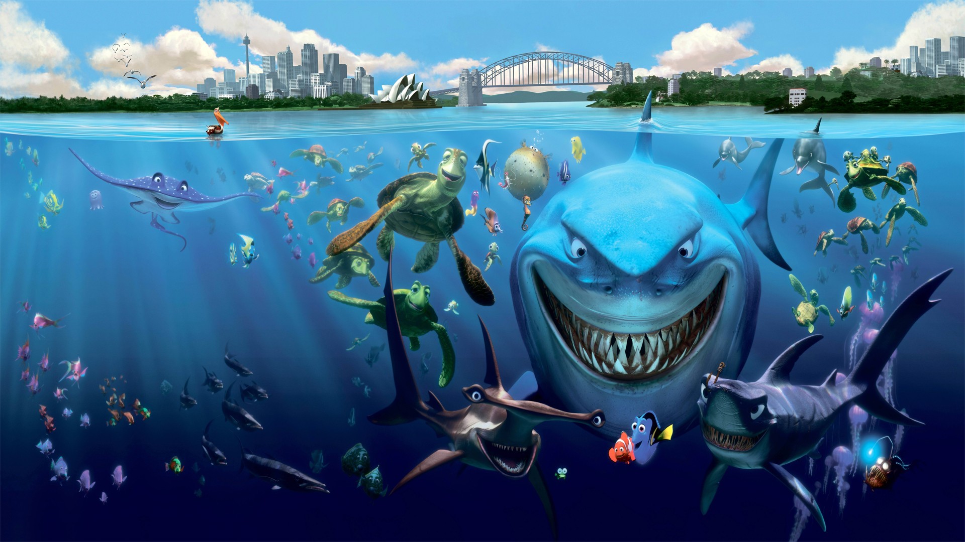 A shark, fish, turtles, and other marine animals are shown as cartoons, under the water near Sydney, Australia.