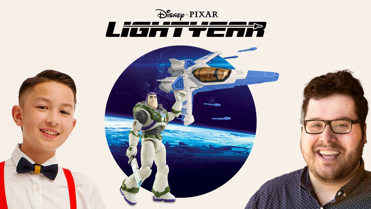 A boy in a bow tie, a man with glasses, and a circle with Buzz Lightyear and a spaceship flying behind him.