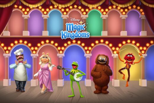 Five cartoon characters line up on a stage display of arches.
