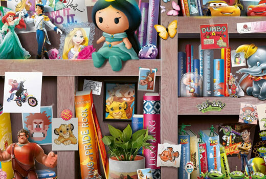 Illustration of a series of shelf cubbies with Disney products.
