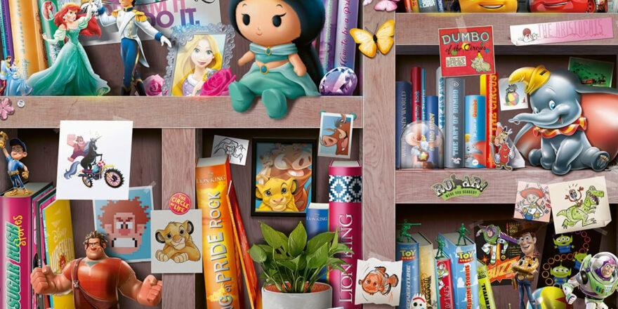 Illustration of a series of shelf cubbies with Disney products.