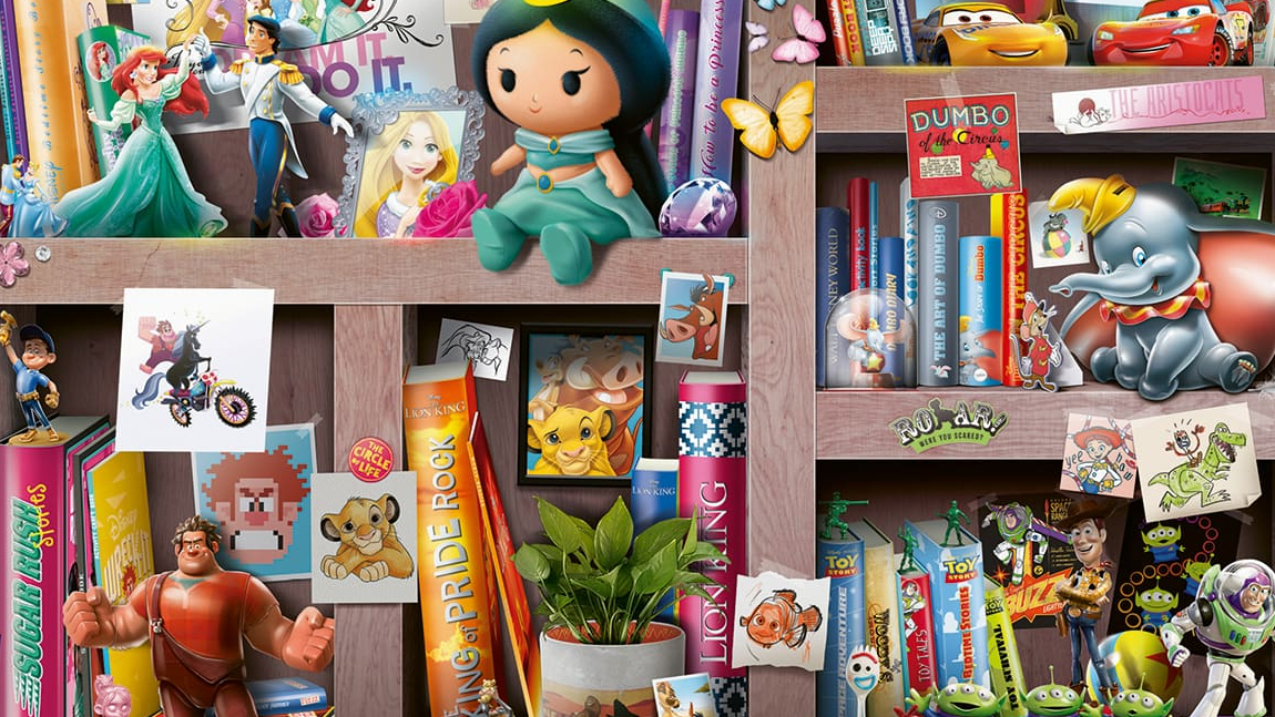 Illustration of a series of shelf cubbies with Disney products.