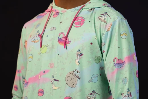 A hoodie with a pink and blue aesthetic, and Boba Fett.