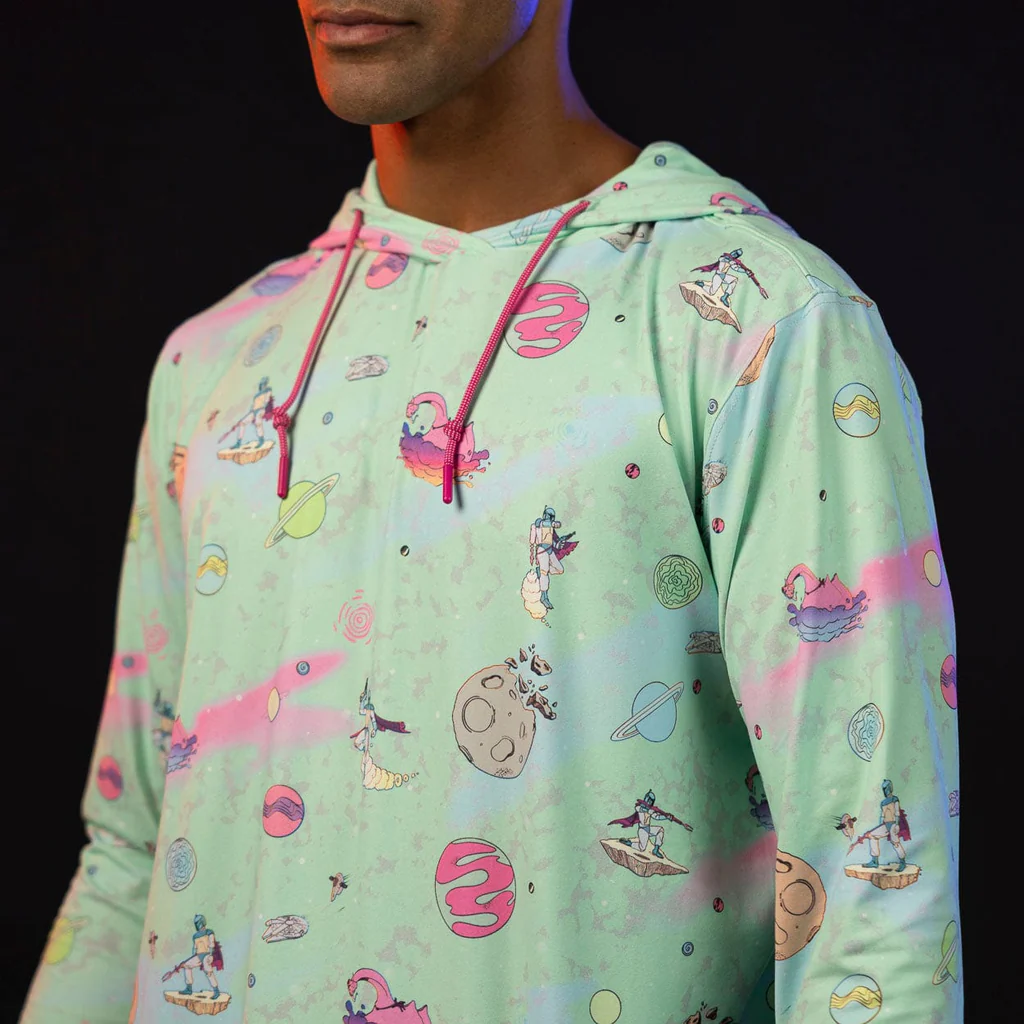 A hoodie with a pink and blue aesthetic, and Boba Fett.