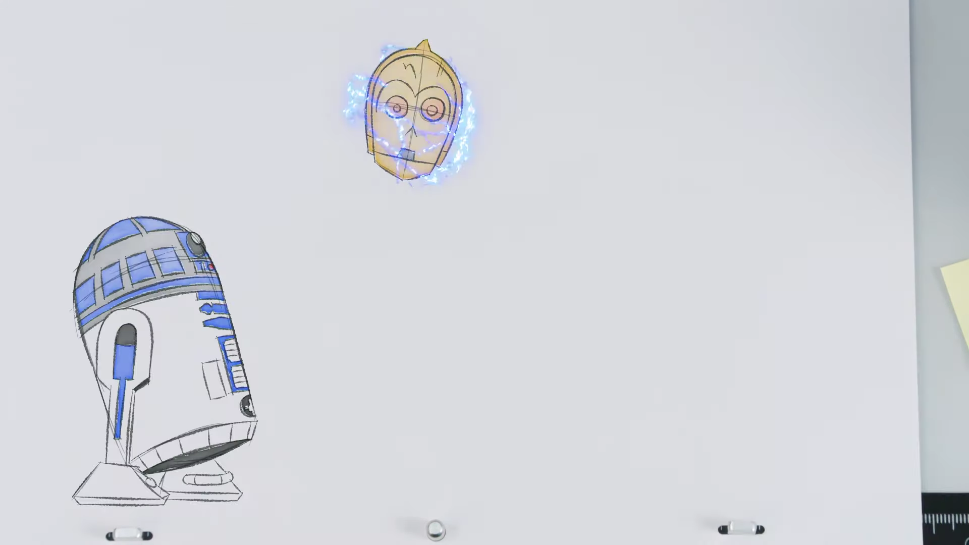 A drawing of a short robot, R2-D2, and a robot head, C3P0, being electrically charged.