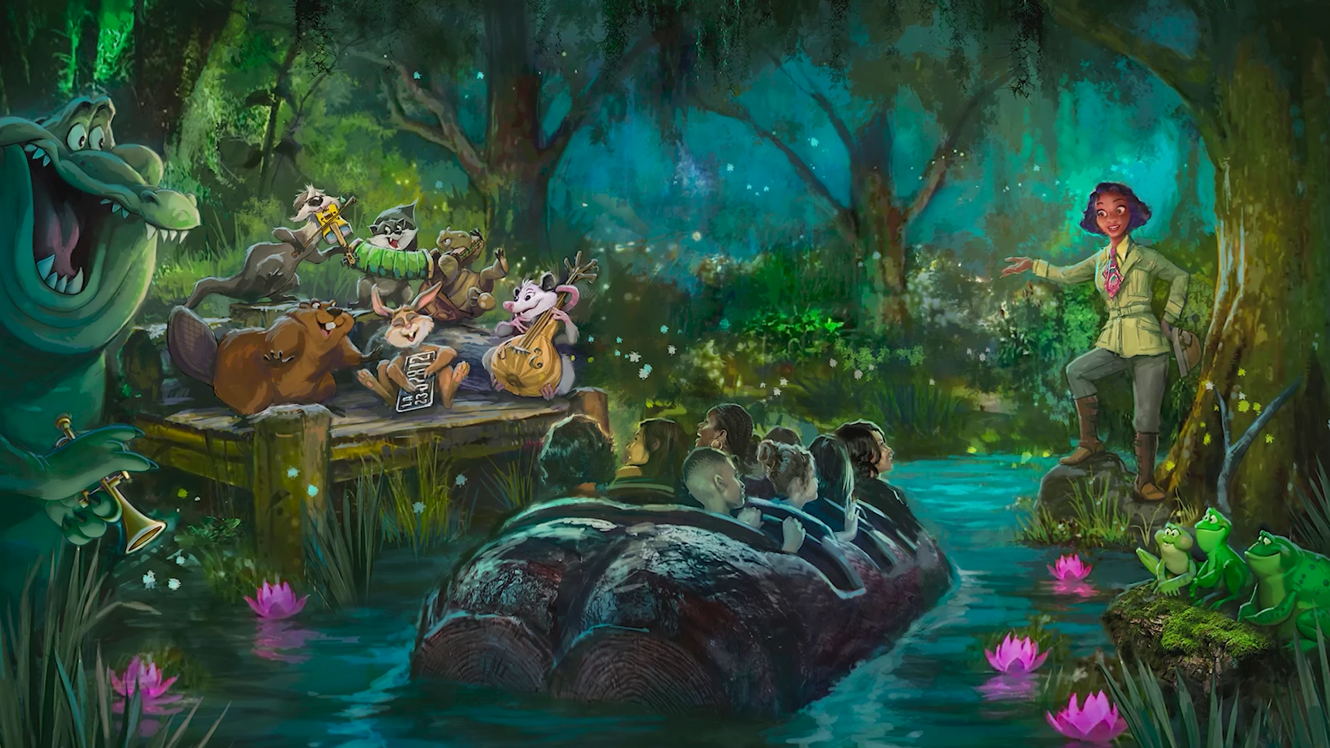 A boat goes along a river with animatronics of a woman and animal on either side.